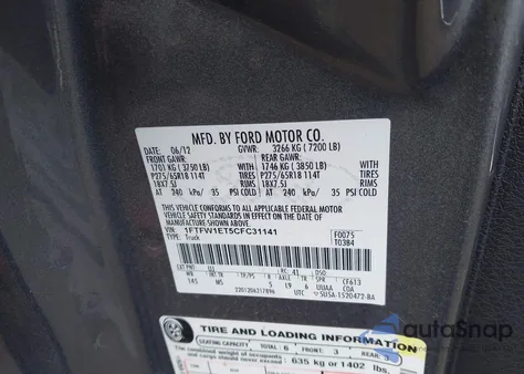 2012 Ford F-150 Xlt z USA, uszkodzony, nr VIN 1FTFW1ET5CFC31141